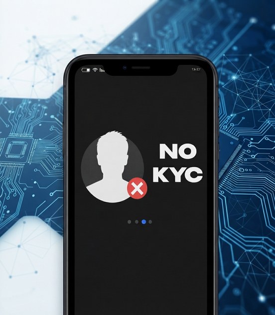 A phone screen highlighting the 'NO KYC' feature of the virtual card